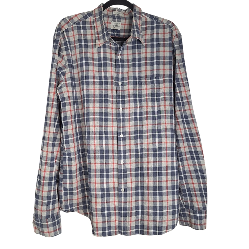 J Crew Long Sleeve Plaid Button Down Shirt Mens XL Slim Red Blue 100% Cotton